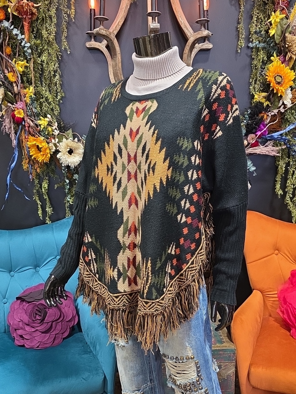 Cotton & Rye Outfitters Aztec Woven Fringe Sweater